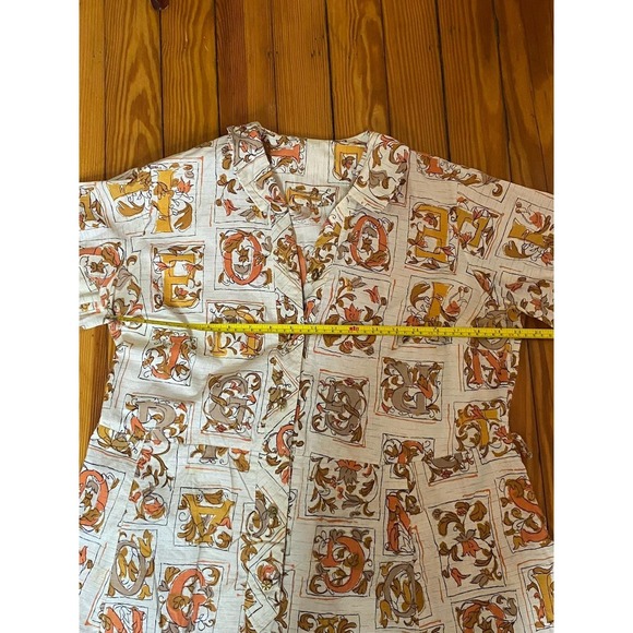 Vintage 50s Day Dress Sz L Gold Cream Letters Rockabilly Retro Feminine - Picture 8 of 10